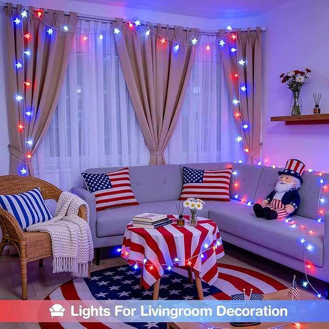 JMEXSUSS Red White and Blue Lights Plug in, 100 LED 33 FT Globe Star String Lights Indoor, USB 4th of July String Lights for Independence Day Patriotic Decoration