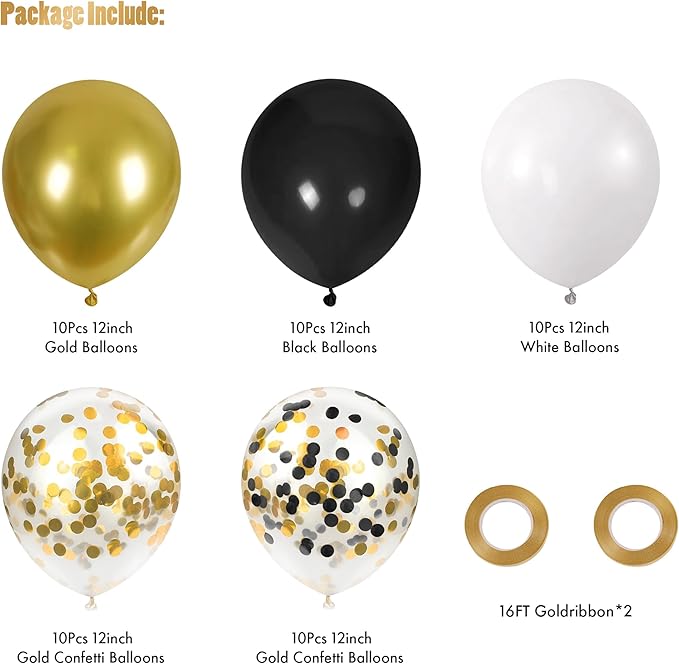 CANREVEL 50pcs 12 Inches Black Gold Confetti Balloons Kit, Metallic Gold and Black White Party Balloons with Ribbons for Birthday, Baby Shower, Graduation, New Year Decorations