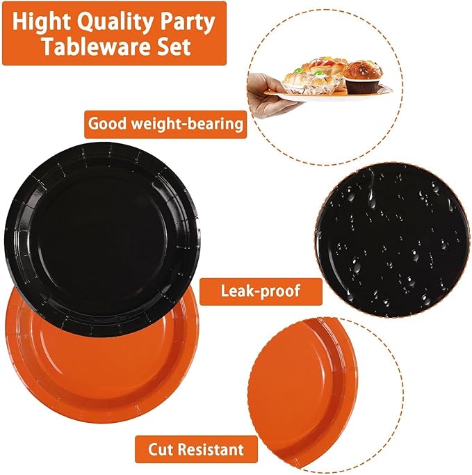 Grencian 200Pcs Orange and Black Graduation Decorations Black and Orange Plates and Napkins Disposable Graduation Tableware for Birthday Wedding Baby Shower Congrats Grad Party Supplies Serves 50