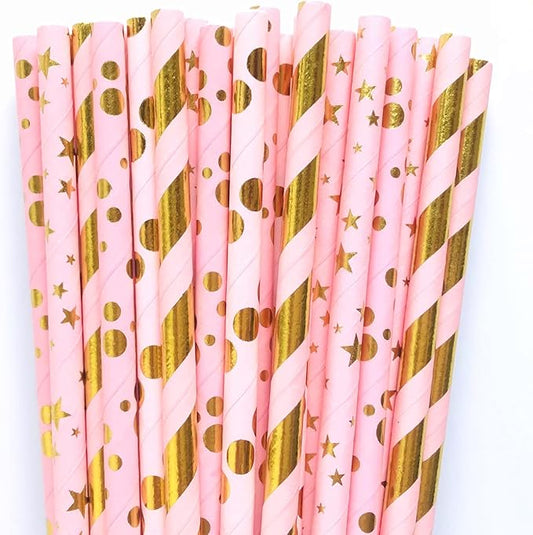 100 pcs Mixed Biodegradable Colorful Party Paper Straws, Metallic Gold Foil Light Pink Stripe Dot Star Drinking Straws, Girl Baby Bridal Shower Birthday Wedding Cake Pop Sticks (Light Pink Gold Foil)