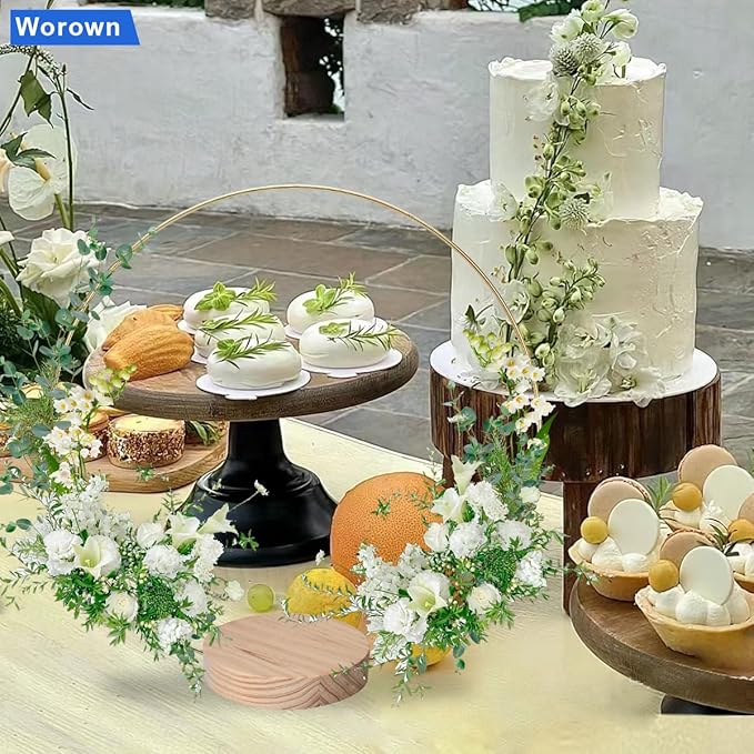 Worown 10 Pack 12 Inch Metal Floral Hoop Centerpieces, Gold Metal Floral Hoop, Including 10 Pcs Round Wooden Display Stand for Making Wedding Table Wreaths, Wall Hanging Crafts