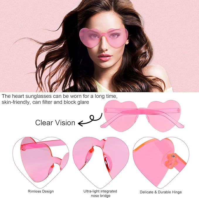 NACHLYNN 36 Pairs Rose Red Heart Shaped Sunglasses for Women - Rimless Candy Heart Glasses for Party Favors