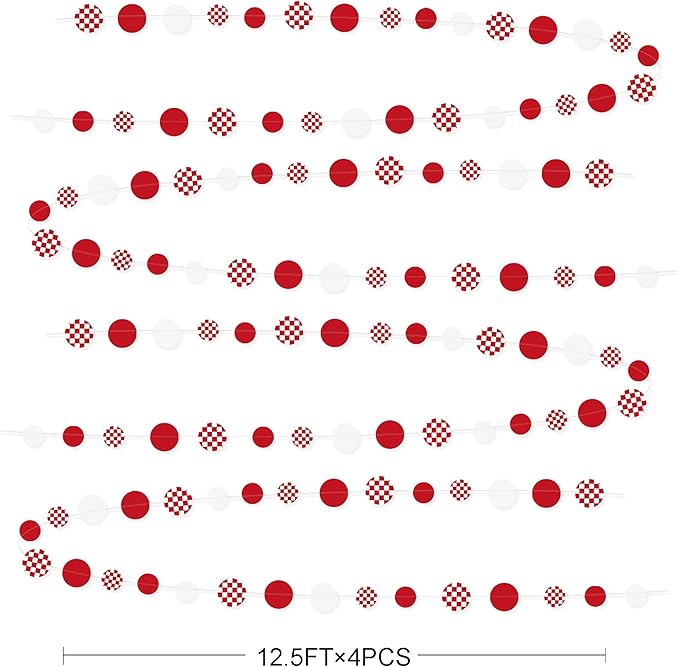 Red Party Decorations White Red Checkered Circle Dots Streamer Hanging Paper Polka Dot Garland for Birthday Baby Shower Wedding Bachelorette Christmas Carnival Circus Picnic Party Decorations Supplies