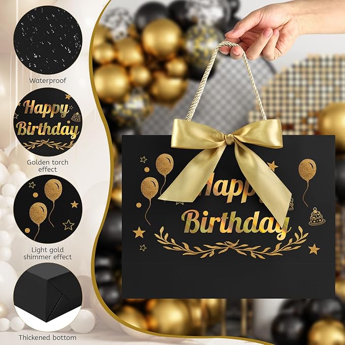 JMANNI Black Gold Happy Birthday Gift Bag with Card and Tissue Paper, 12.6"×9.84"×3.9" Elegant Present Bag for Men Women, Year Old Birthday Keepsake Party Supplies