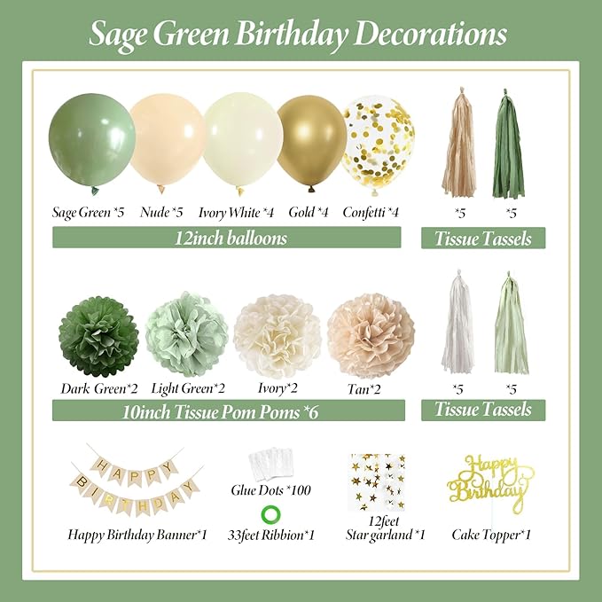 ELTNEGSA Sage Green Birthday Party Decorations with Banner, Tissue Tassels, Paper Pompoms, Balloons, Star Garland, Cake Topper