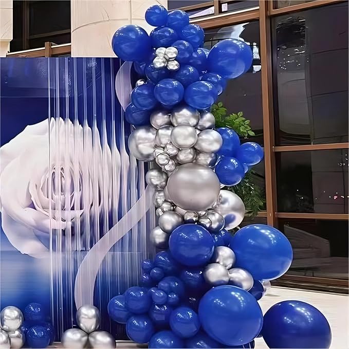 130pcs Royal Blue and Silver Balloons Garland Arch Kit, 18 12 10 5 Inch Different Sizes Pack Blue Silver Latex Balloon for Wedding Bachelor Birthday Christmas Party Garland Decoration