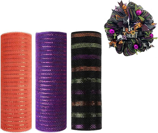 3 Roll Orange Purple Black Deco Mesh Ribbon for Wreath Making Supplies, 10 Inch x 30FT Metallic Foil Burlap Deco Mesh Fabric for Halloween Thanksgiving Christmas Wreath Swags and Decorating