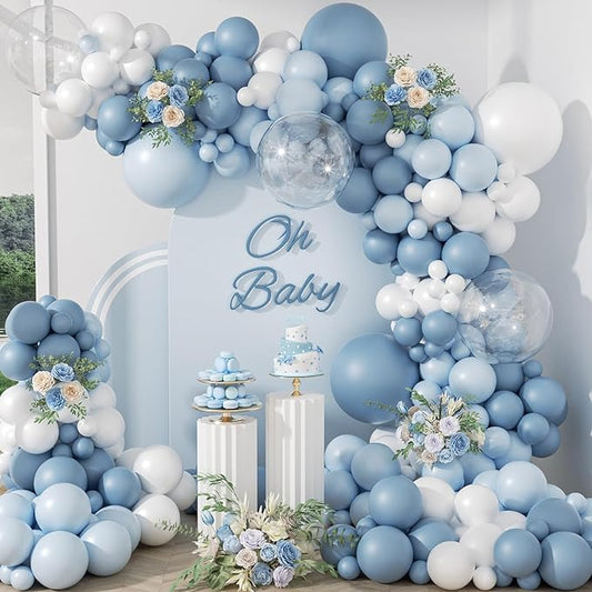 119pcs Dusty Blue Balloon Arch Garland Kit, Blue and White Balloon Arch Kit with Dusty Pastel Blue White Clear Balloons for Bridal Shower Gender Reveal Birthday Baby Shower Party Decorations