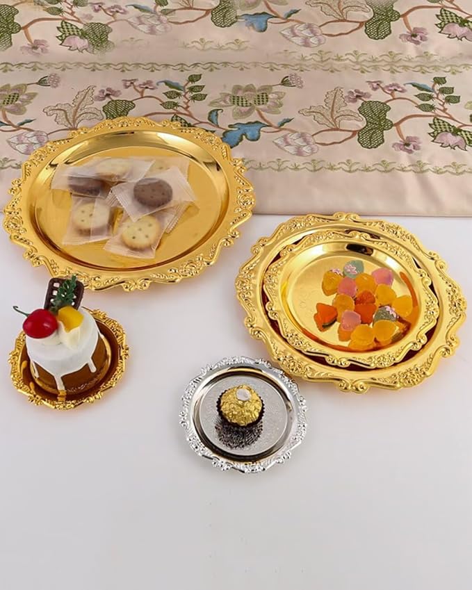 Round Decorative Tray 3.9in Metal Dessert Plates Vintage Coffee Table Tray for Snacks Fruit Gold