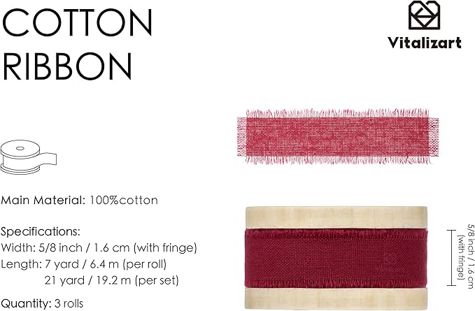 Vitalizart Burgundy Cotton Ribbon Handmade Fringe 5/8" x 21 Yd Red Pure Natural Cotton Ribbons for Gift Wrapping Wedding Invites Bridal Shower Bouquets Holiday Decor