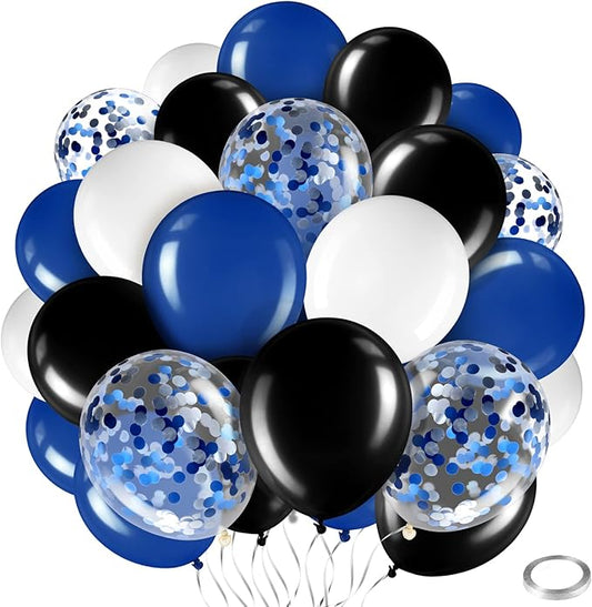 Sratte 60 Pcs 12 Inch Black Blue White Balloons Kit Graduation Decorations Back to School Confetti Latex Metallic Balloons with 2 Rolls Ribbon Party Favor for Memorial Day Birthdays