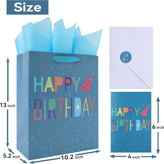 Qirrmiy 13” Large Happy Birthday Gift Bag Set with Handles, Greeting Card, Blue Tissue Papers and Stickers for Boys Teens for Baby, Kids‘ Birthday Party, Newborn, Cute Design, 1 Pcs
