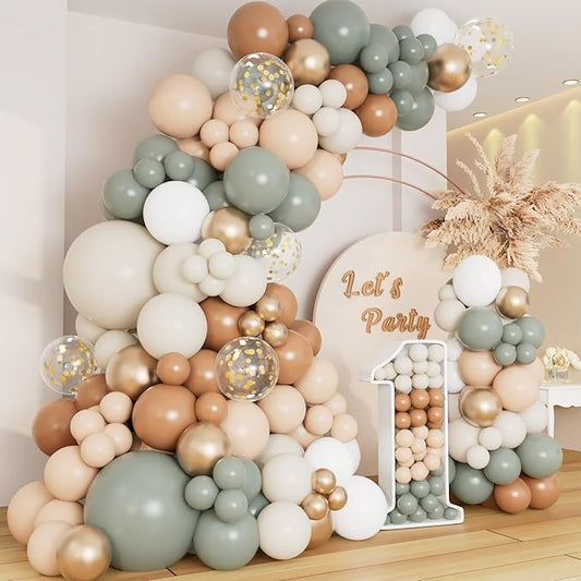 DBKL Dusty Green Nude Balloon Garland Arch Kit, Cream White Sand Sage Green Brown Gold Confetti Balloons for Baby Shower Wedding Birthday Gender Reveal Gender Reveal Party Decorations