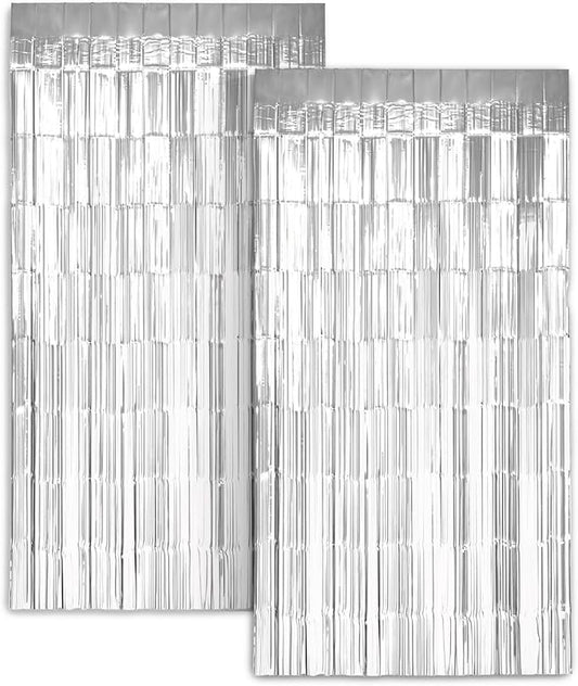 Zink 2 Pack 3.28 Ft x 6.56 Ft Silver Foil Curtain Backdrop - Tinsel Streamers for Photo Booth, Birthday Party, Wedding, Graduation, Holiday Decorations