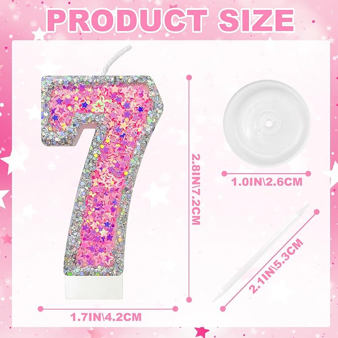 Number 7 Birthday Candle for Cake – Silver Glitter Edge with Pink Star Confetti – Decorative Number Cake Topper for Anniversary & Celebration Party Decor