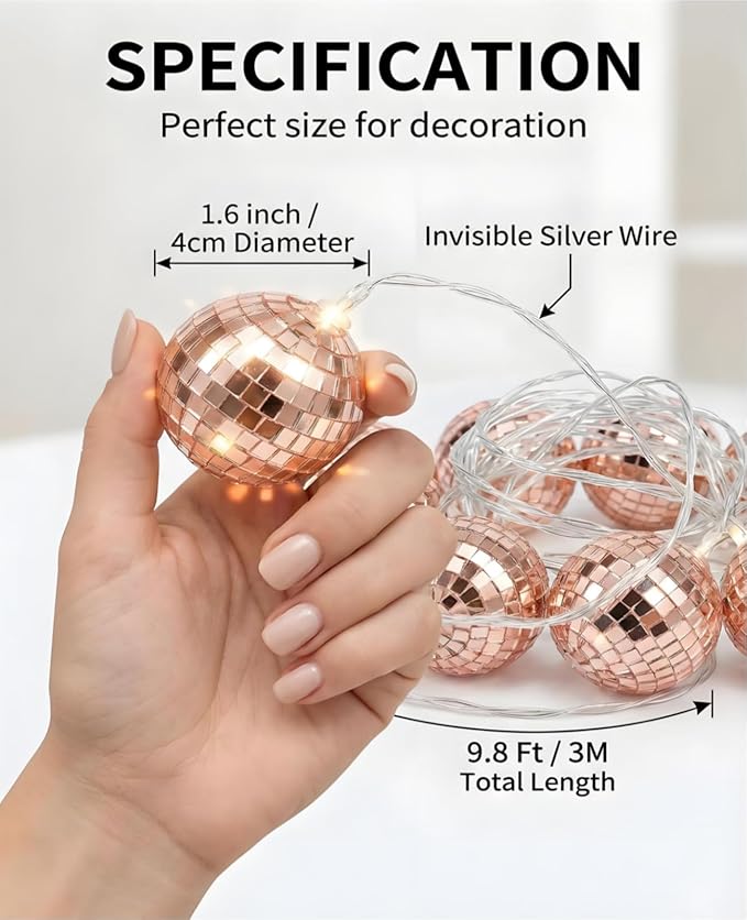 AceList Rose Gold Disco Ball String Lights, 20 LED 9.8Ft Control & Dual Power (USB/Battery) Dimmable Mirror Ball Lights for Bedroom, Birthday Party, Bachelorette & Room Decor