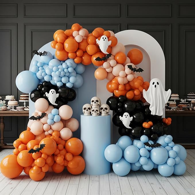 Halloween Balloon Arch Kit,120PCS Halloween Sand White Black Orange Blue Balloon, Ghost Foil Ballons for Halloweenday Party Decorations BOO Party Supply Birthday,Baby Shower