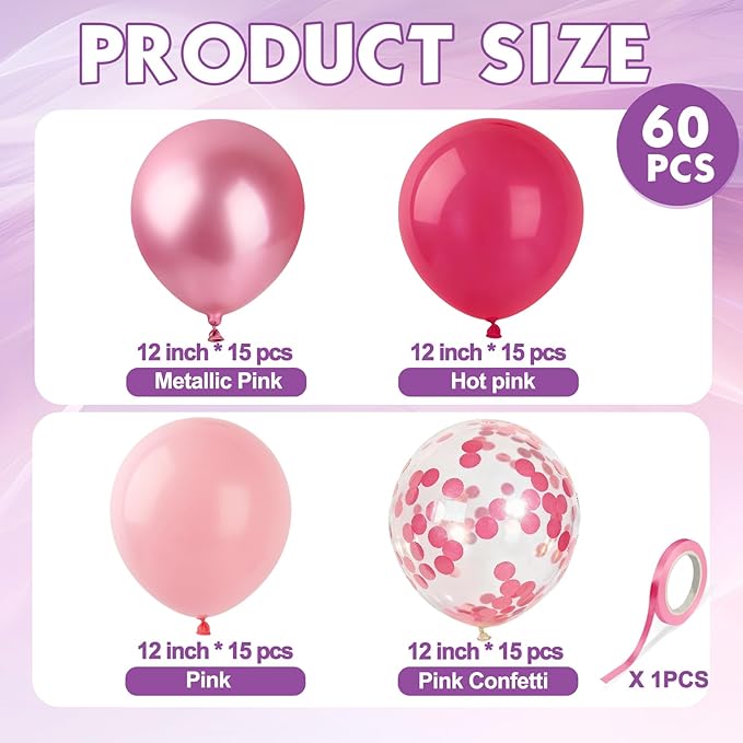 Metallic Pink Hot Pink Balloons and Pink Confetti Balloon, 60 Pcs 12 Inch Latex Confetti Metallic Balloons with 1 Ribbon, for Birthday Wedding Bridal Shower Party Decorations