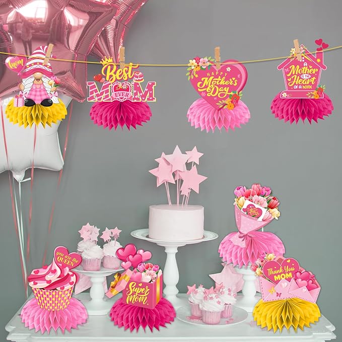 Mothers Day Decorations Honeycomb Centerpieces, 12Pcs Mothers Day Table Decorations Best Mom Ever Mothers Day Centerpieces 3D Mothers Day Table Centerpiece for Mothers Day Party