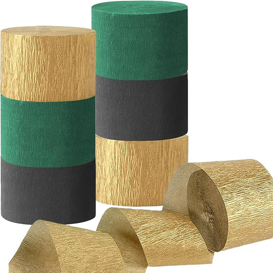 CC wonderland zone Black Gold and Dark Green Decorations,6 Rolls Crepe Paper Streamers for Birthday Decorations,82 feet Long 1.77 inch wid
