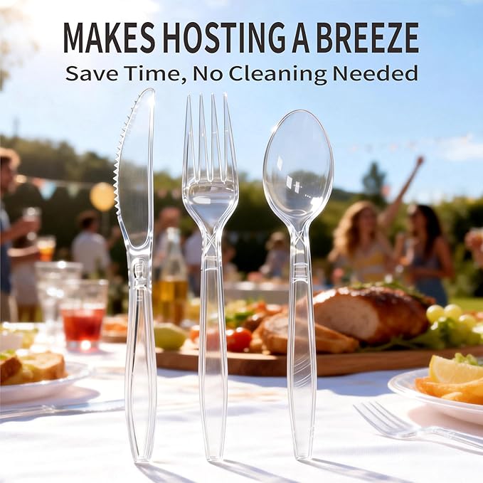 Plastic Silverware-360 Count Plastic Utensils Set, 150 Clear Forks, 60 Knives, 150 Spoons, BPA-Free, Heat Resistant, Disposable Cutlery Heavy Duty for Party Everyday Use