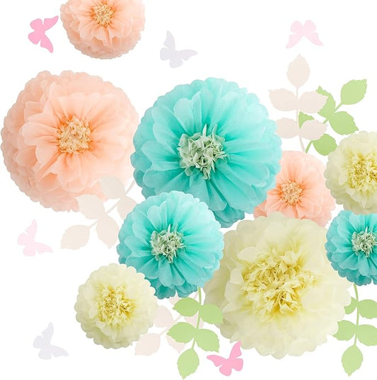 Fonder Mols Tissue Paper Chrysanth Flowers with Butterfly and Olive Leaves for Wedding Baby Shower Nursery Room Parties & Events Decorations Pom Poms (Cream Peach Mint)