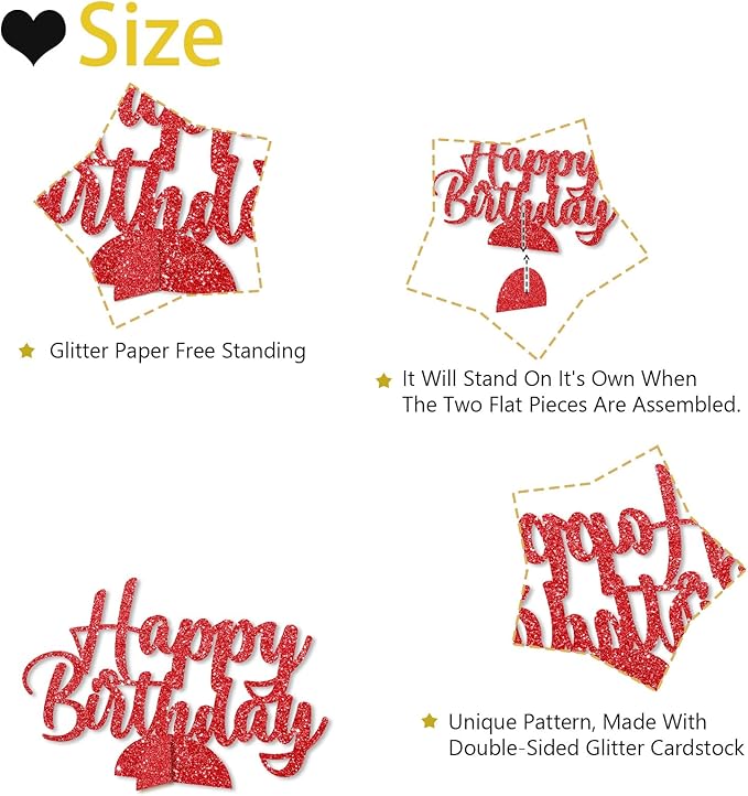 Happy Birthday Table Centerpiece, Red Glitter Birthday Party Paper Free Standing for Women Men, HBD Script Table Centerpiece for Bday Party Supplies