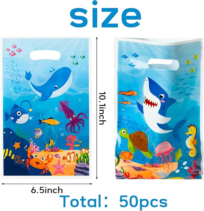 50Pcs Animal in the Sea Party Favor Bags Ocean Themed Plastic Waterproof Goodie Bag with Die Cut Handle Whale Shark Rectangular Gift Pack for Kids Birthday Baby Shower Decoration Supplies