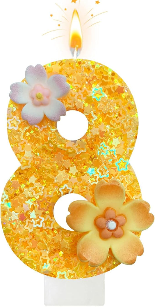 Yellow Birthday Candle, Flower Number Birthday Candles for Cake, Ideal Birthday Parties Cake Decor, Wedding Anniversary and Other Celebrations (8 Candle, Yellow)