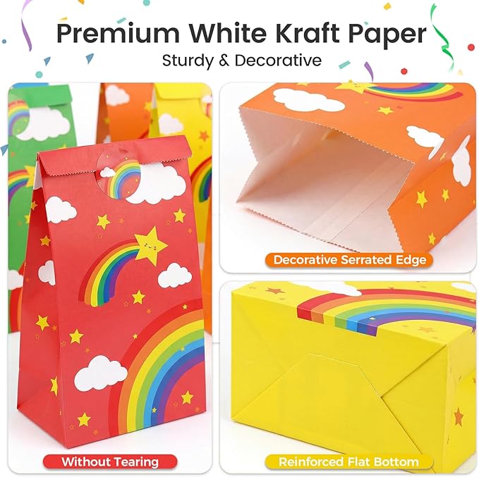 VGOODALL 24 Pack Rainbow Party Favor Bags with Stickers - 8.7"x4.7"x3.1" Colorful Cloud & Star Goodie Bags, 8 Rainbow Colors for Kids Birthday, Baby Shower & School Events