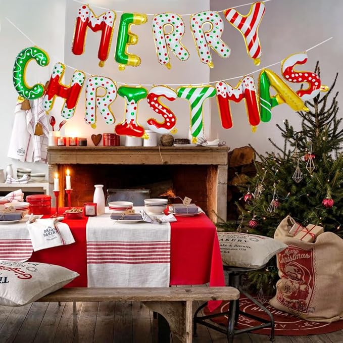 MERRY CHRISTMAS Balloon Banner, Red Green Gold Happy Christmas Style Sign for Xmas Party Decorations, 16 Inches Foil Donut Balloons Letter for Christmas Themed Indoor Outdoor Decor