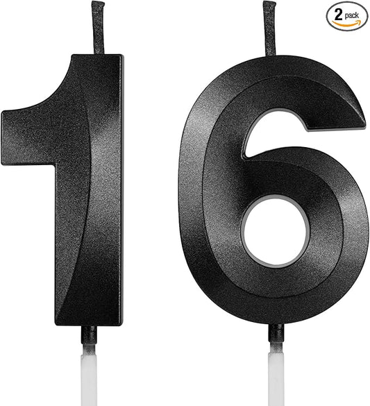 Number 16 Birthday Candles, 1.96 Inch Happy Birthday Cake Candles Cupcakes Topper Decoration for Birthday Party Wedding Anniversary Celebration Supplies (Black)
