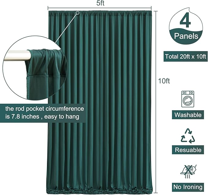 20ft x 10ft Wrinkle Free Hunter Green Wedding Backdrop Curtains for Party Bridal Shower Reception Decorations Green Fabric Curtain Backdrops Drapes for Photography Baby Shower Birthday Background