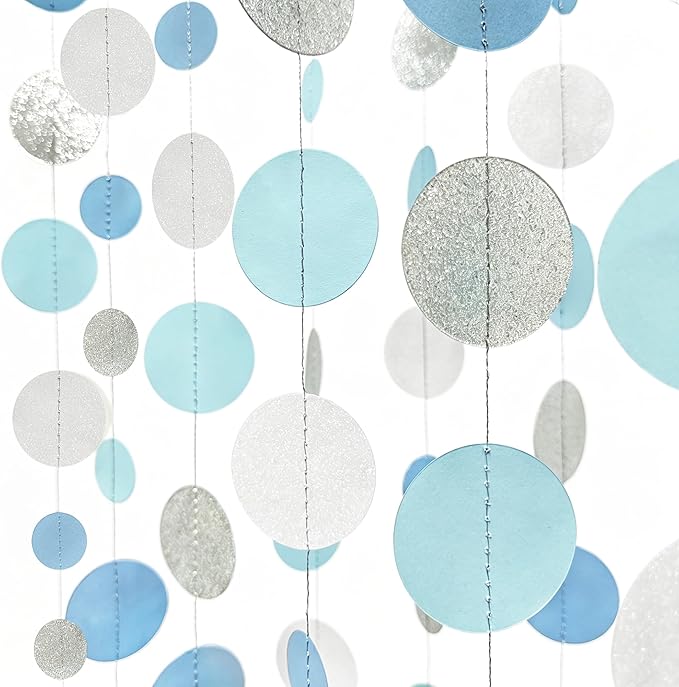 Dusty Blue Silver White Polka Dots Garland Hanging Paper Circle Dot Streamer for Nautical Baby Shower Birthday Wedding Engagement Bridal Shower Retirement Graduation Hen Party Decorations Supplies