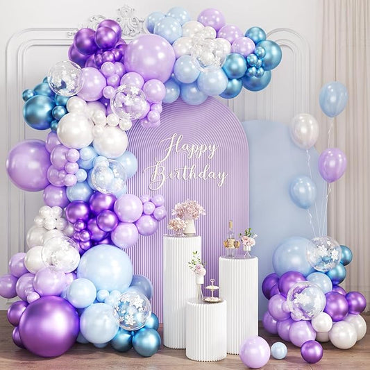 167Pcs Purple Blue Balloons Garland Arch Kit with Snow Confetti Different Sizes 18 12 10 5 inch for Princess Winter Wonderland Girl Baby Shower Birthday Wedding Party Decorations