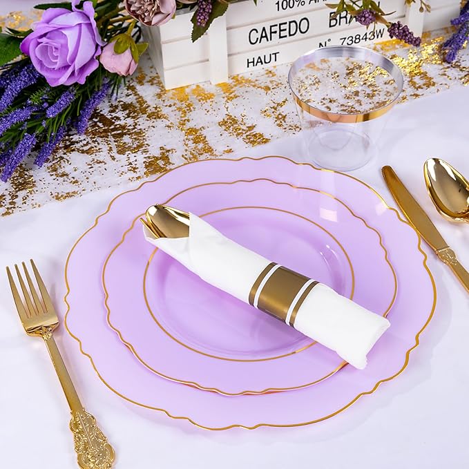 Liacere 175PCS Purple Plastic Plates-Disposable Lavender Plates 25guest Baroque Plastic Dinnerware include 50Plates, 25Pack Pre Rolled Napkins with Silverware 25Cups for Party & Wedding &Mothers Day