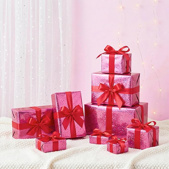 Bafeil Pink Wrapping Paper Roll, Holographic Wrapping Paper Birthday Girl, 80gsm Iridescent Star Gift Wrap Papers for Birthday, Wedding, Baby Shower, Mothers Day, Graduation 17 IN x 32.8 FT