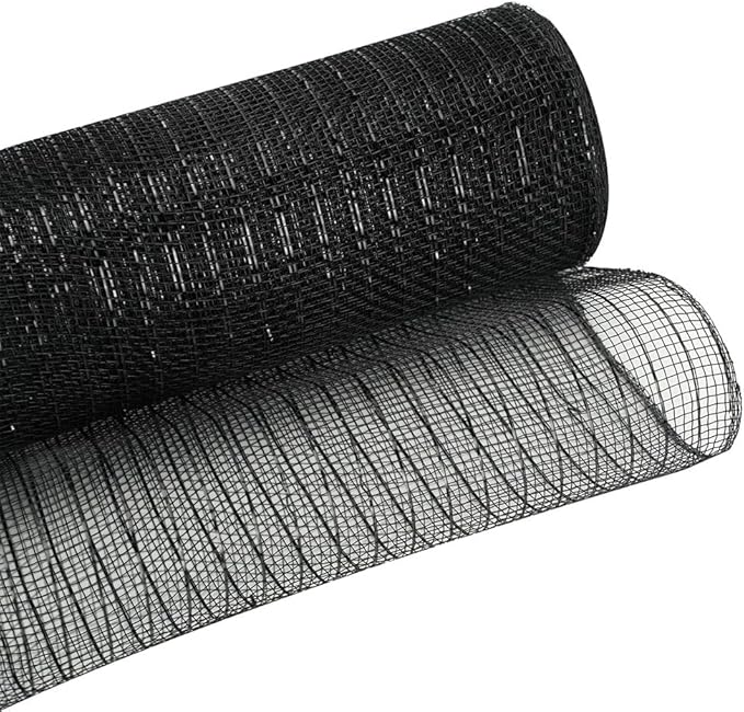 3 Rolls Black Deco Mesh Ribbon for Wreath Making Supplies, 10 Inch x 30FT Metallic Foil Burlap Deco Mesh Fabric for DIY Crafts Halloween Home Door Wreath Swags and Decorating
