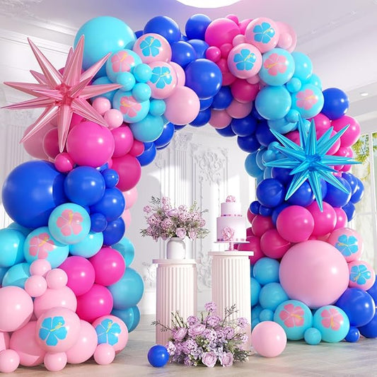 Royal Blue and Pink Balloons Garland Arch Kit - 5 10 12 18 inch Different Size Blue Pink Hibiscus Latex Balloons for Summer Tropical Hawaii Cartoon Birthday Baby Shower Party Decorations