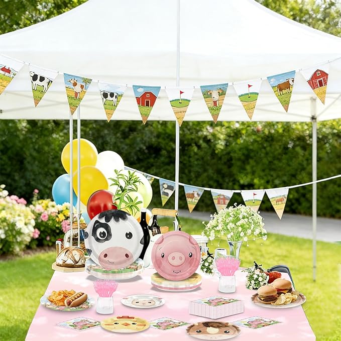 Farm Animals Party Supplies for 36 Guests, 146PCS Disposable Party Tableware Set with Paper Plates, Napkins, Forks and Tablecloths for Kids Birthday Party and Baby Shower