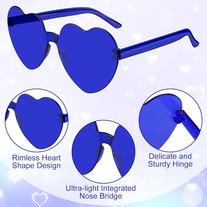 14 Pack Heart Shaped Sunglasses for Women Rimless Heart Glasses Bulk Mardi Gras Candy Color Sunglasses for Party