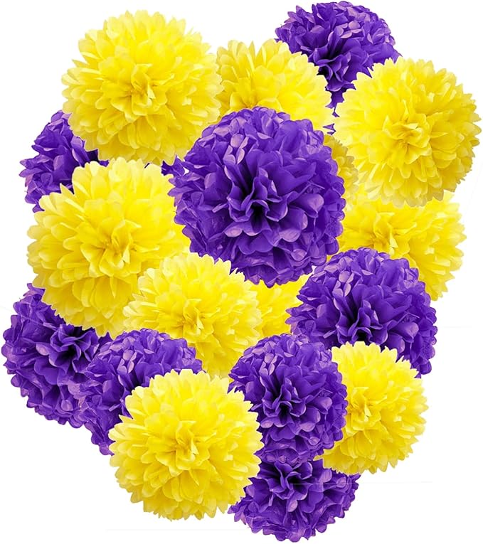 Capesaro Purple Yellow Tissue Paper Pom Poms，12PCS Tissue Paper Flowers for Basketball Sport Theme Party Birthday, Graduation Decorations, Football Party Supplies for Men Boys Adults Sports Theme