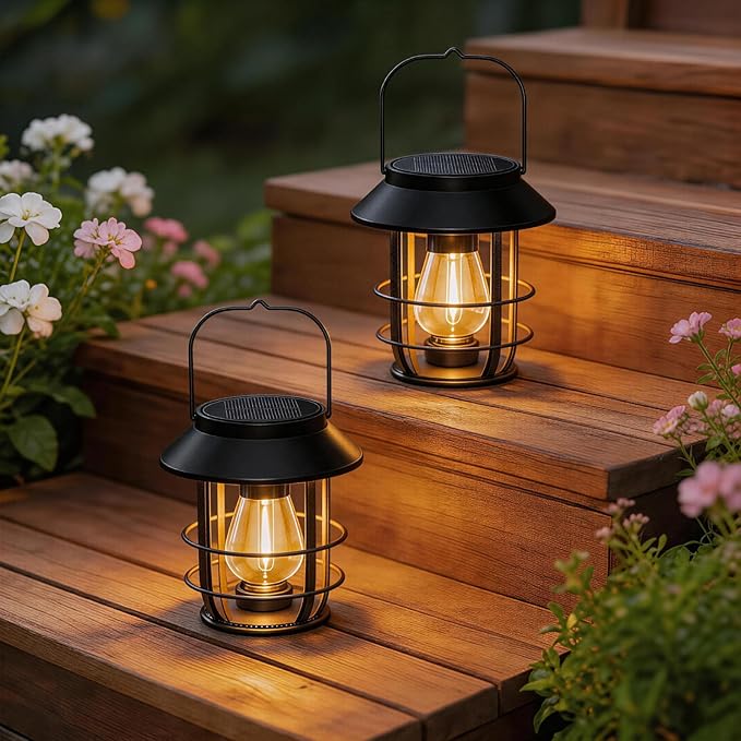 Solar Lanterns Outdoor Waterproof, High Brightness Hanging Solar Lights for Outside with Wall Hooks, Christmas Decor Retro Metal Outdoor Lanterns Auto On/Off for Patio, Yard Decor, Black,2Pack