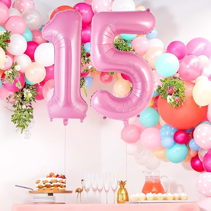 Pink Number 15 Balloon, 40 Inch Big Large Foil Helium Number Balloons, Giant Mylar Number 15 Balloons for 15 Year Old Birthday Party Decorations Supplies Anniversary