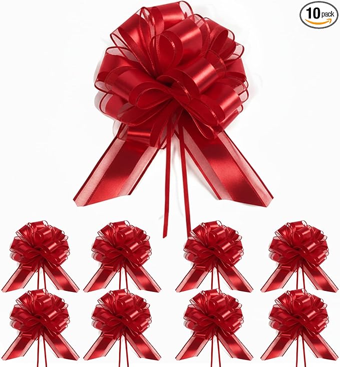 10 Pack Large Pull Bows with Ribbon, Gift Wrap Bows for Wedding, Parties & Presents (Red)