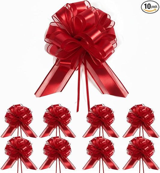 10 Pack Large Pull Bows with Ribbon, Gift Wrap Bows for Wedding, Parties & Presents (Red)