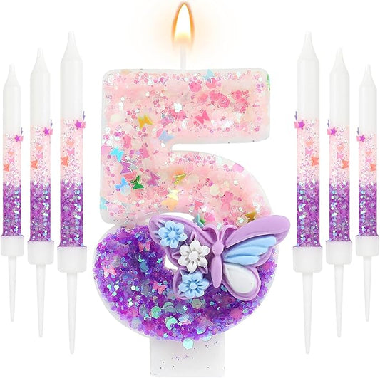 AKURIEEY Butterfly 5th Birthday Candle Purple Number 5 Candle with 6 Pcs Long Candles for Girls Cake Topper Cupcake Decor Party Decoration Anniversary Celebrations Supplies