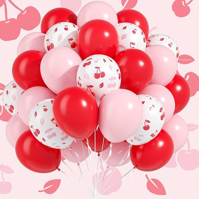 Cherry Balloons, 60pcs 12inch Pink and Red Balloons with White Print Balloon for Baby Shower Birthday Party Decorations