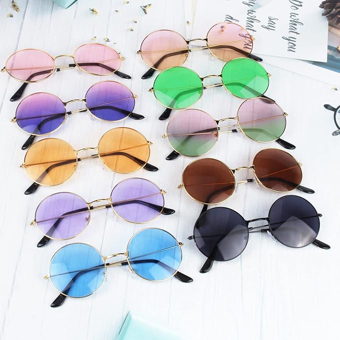 ONESING 8-20 Pairs Round Hippie Sunglasses Circle Sunglasses for Women Glasses Multicoloured Hippie Headband Disco Party