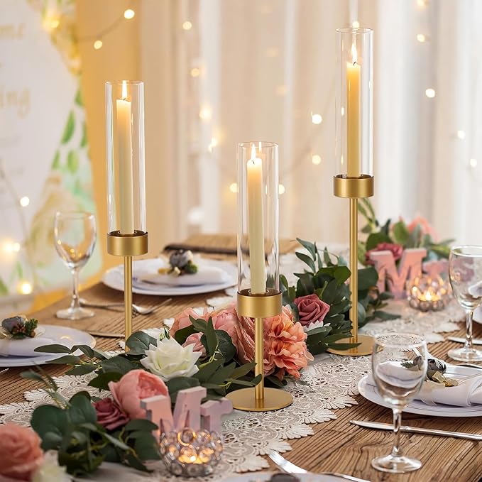 Glass Hurricane Candle Holders Set of 18-Gold Metal Base Taper Candle Stick Holders for CandlesticksHolder Decor, Elegant Dining Table Centerpiece for Wedding, Christmas & Home Decor
